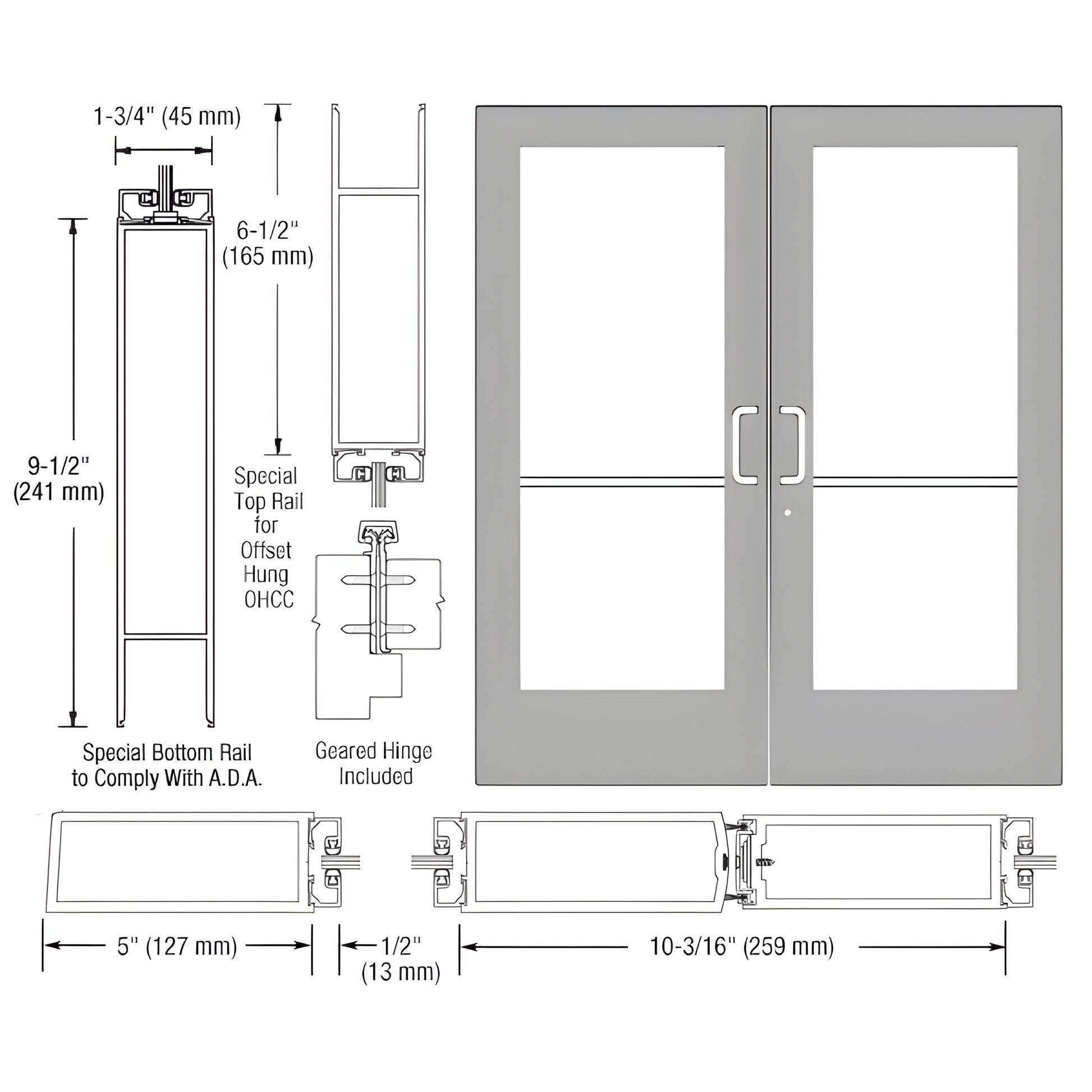 DE52911 double commercial wide-stile entrance door diagram, clear anodized, 5" stiles, ADA 9-1/2" bottom rail