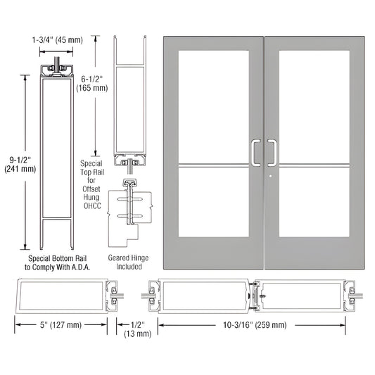 DE52911 double commercial wide-stile entrance door diagram, clear anodized, 5" stiles, ADA 9-1/2" bottom rail