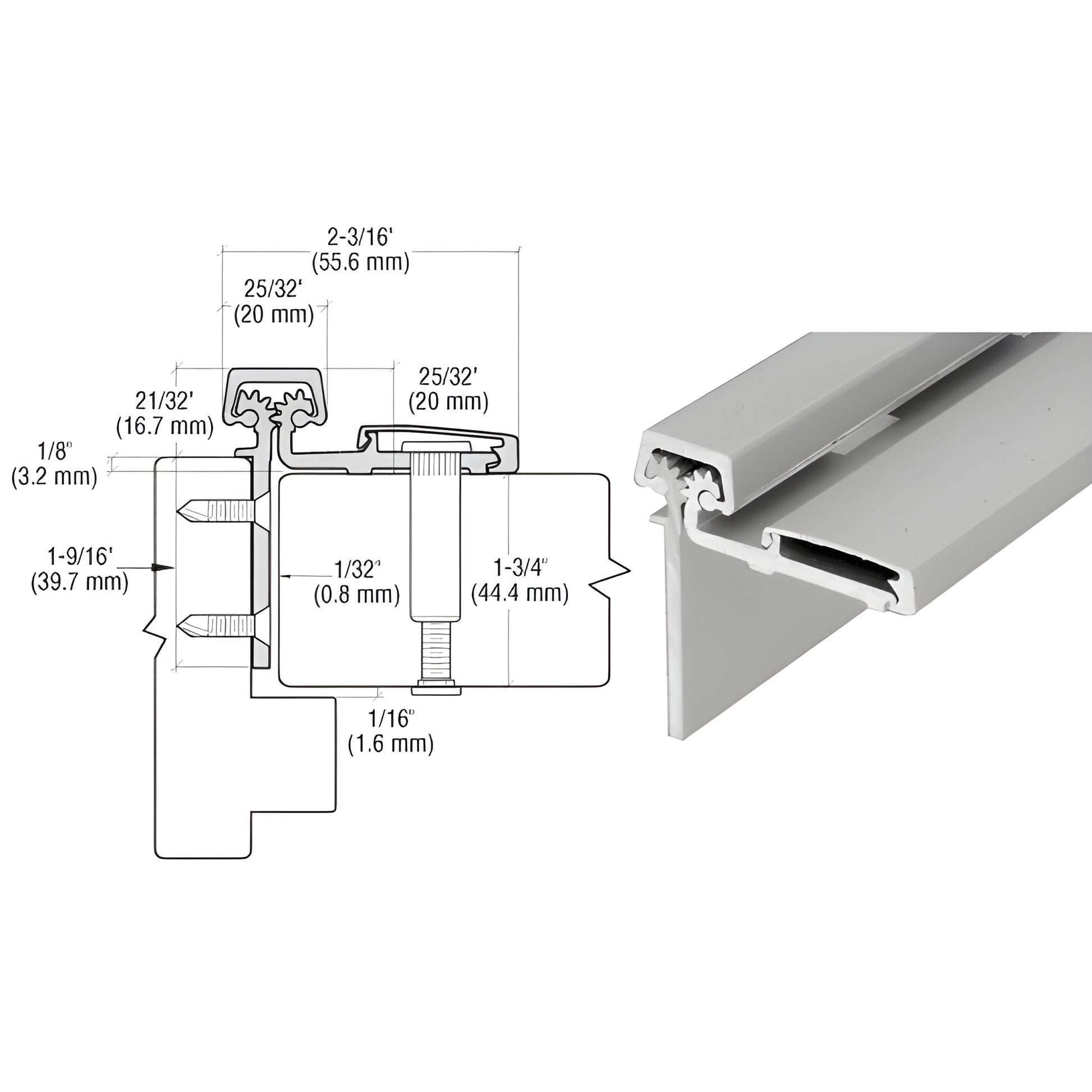 Roton 053 half-surface aluminum continuous hinge, satin anodized 83" - profile diagram and close-up, SKU 05383A