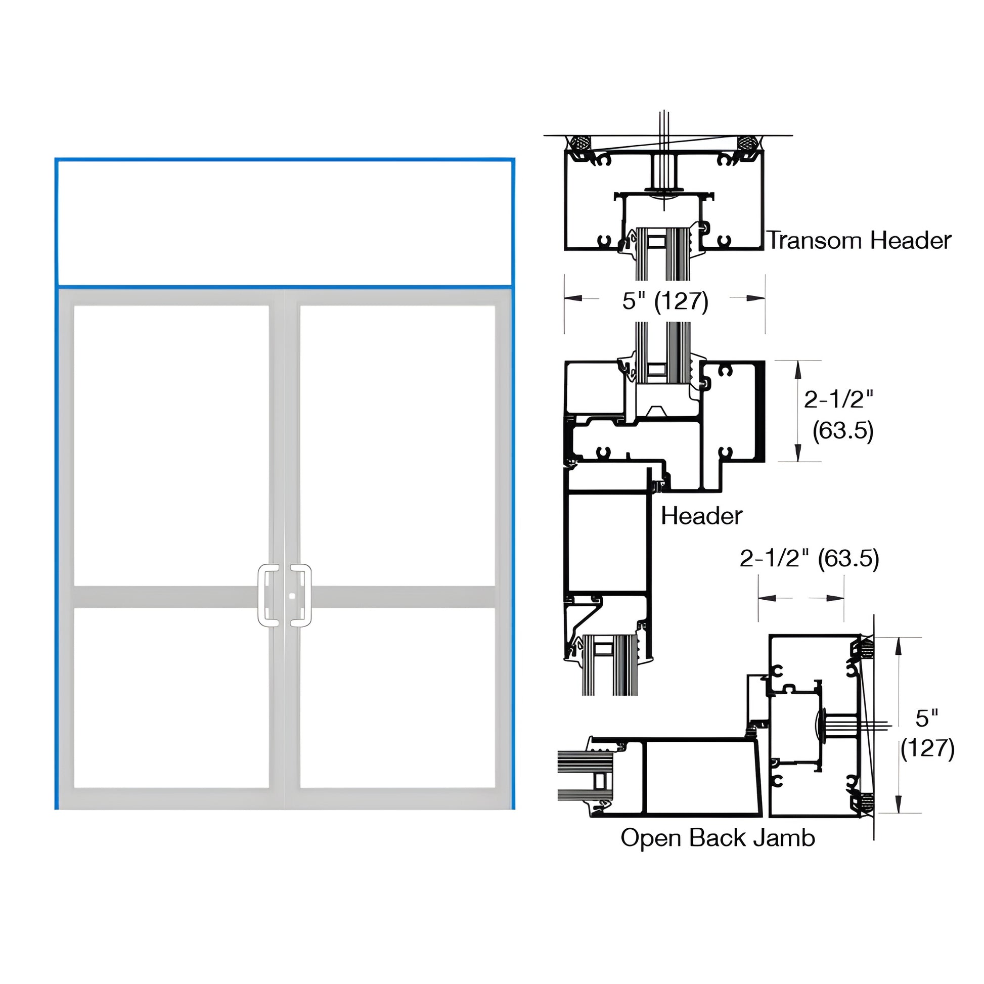 Custom Kynar double transom door frame for impact double doors with air-resistant threshold, SKU 0P92571.