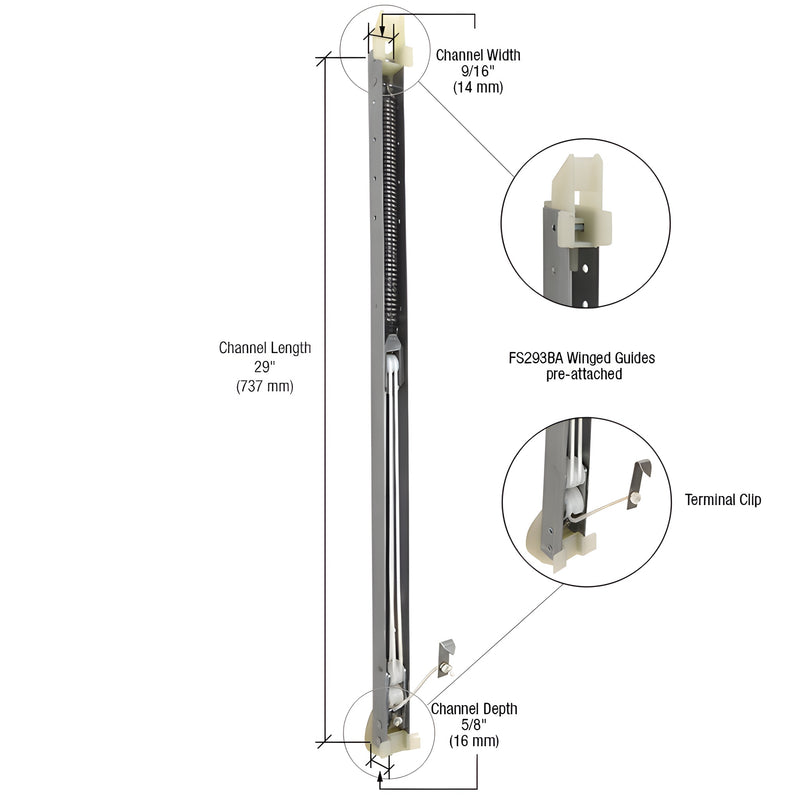 FA2830GW channel sash balance, 29" metal channel with pre-installed winged guides and terminal clip.