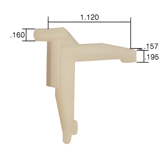 Beige molded nylon swivel key for storm window corners (SKU SK215B), L-shaped with projecting pin; dimensions shown.