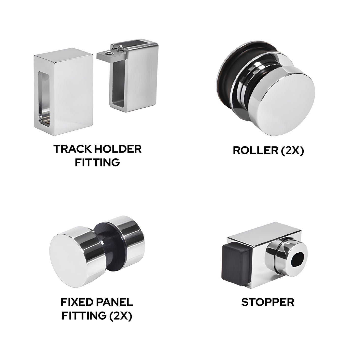 Cavoli 180 sliding shower door replacement kit - polished 304 stainless steel rollers, fittings, bracket, stopper(CAVHDWKPS)