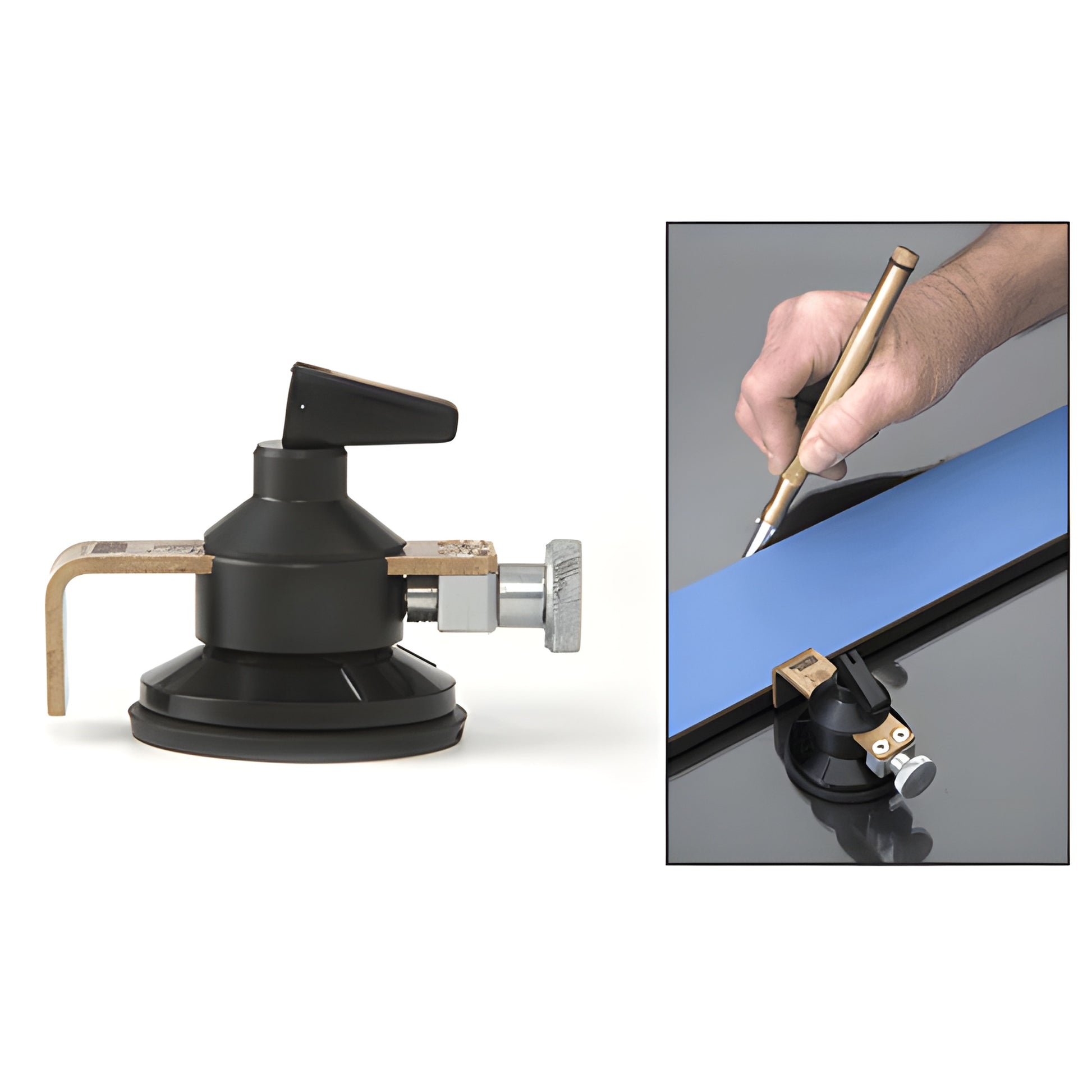 Black suction straight-edge holder RH671 with adjustable knurled screw and L-stop, shown gripping glass as a cutting guide.