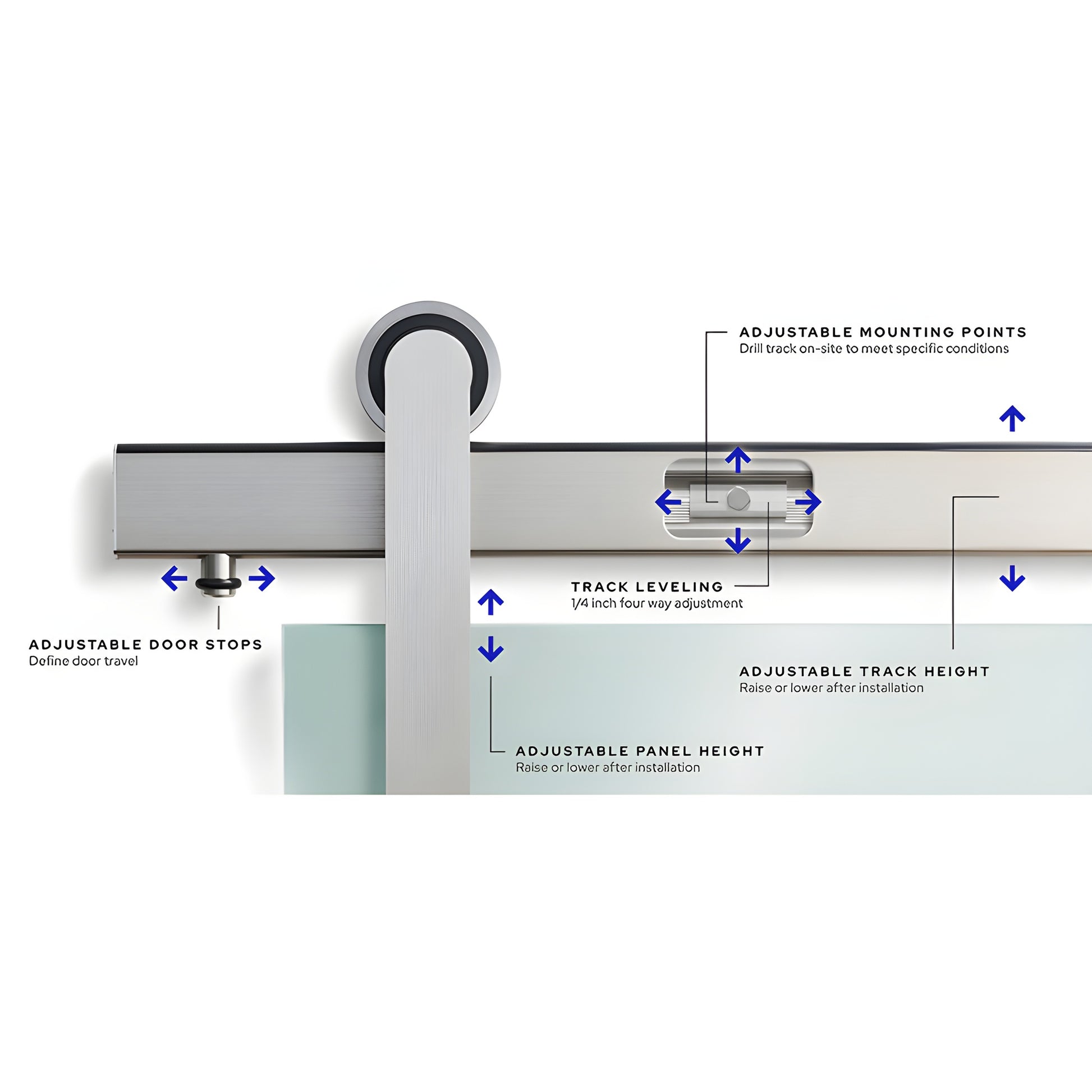Brushed stainless Meridian frameless glass sliding door kit - roller and 96" track for 3/8-1/2" tempered glass (SKU LAT34MERB