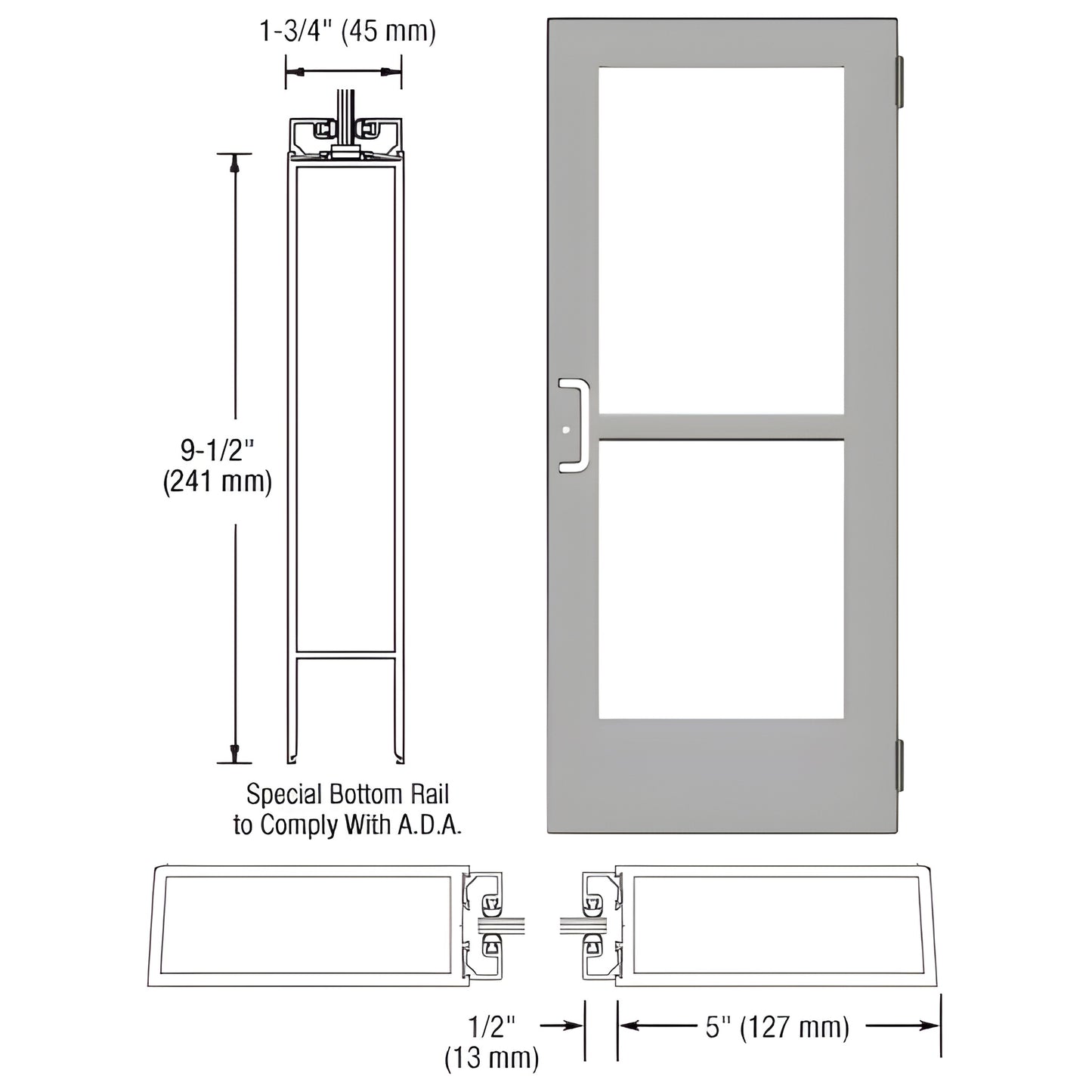 CRL CZ51511 clear anodized commercial wide-stile entrance door, 5" stiles, 9-1/2" ADA bottom rail, prepped for tempered glass