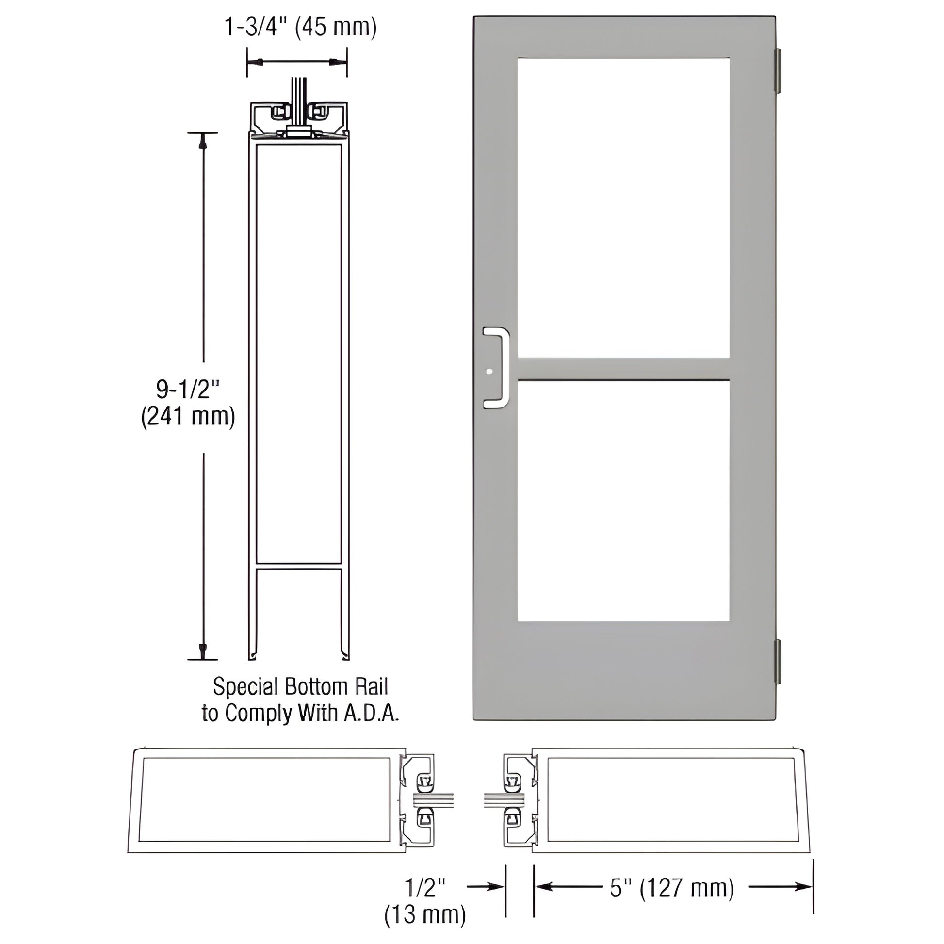 CRL CZ51511 clear anodized commercial wide-stile entrance door, 5" stiles, 9-1/2" ADA bottom rail, prepped for tempered glass