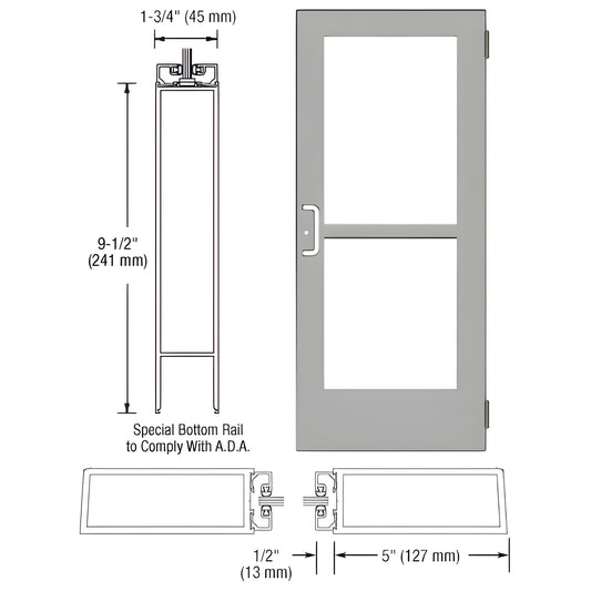 CRL CZ51511 clear anodized commercial wide-stile entrance door, 5" stiles, 9-1/2" ADA bottom rail, prepped for tempered glass