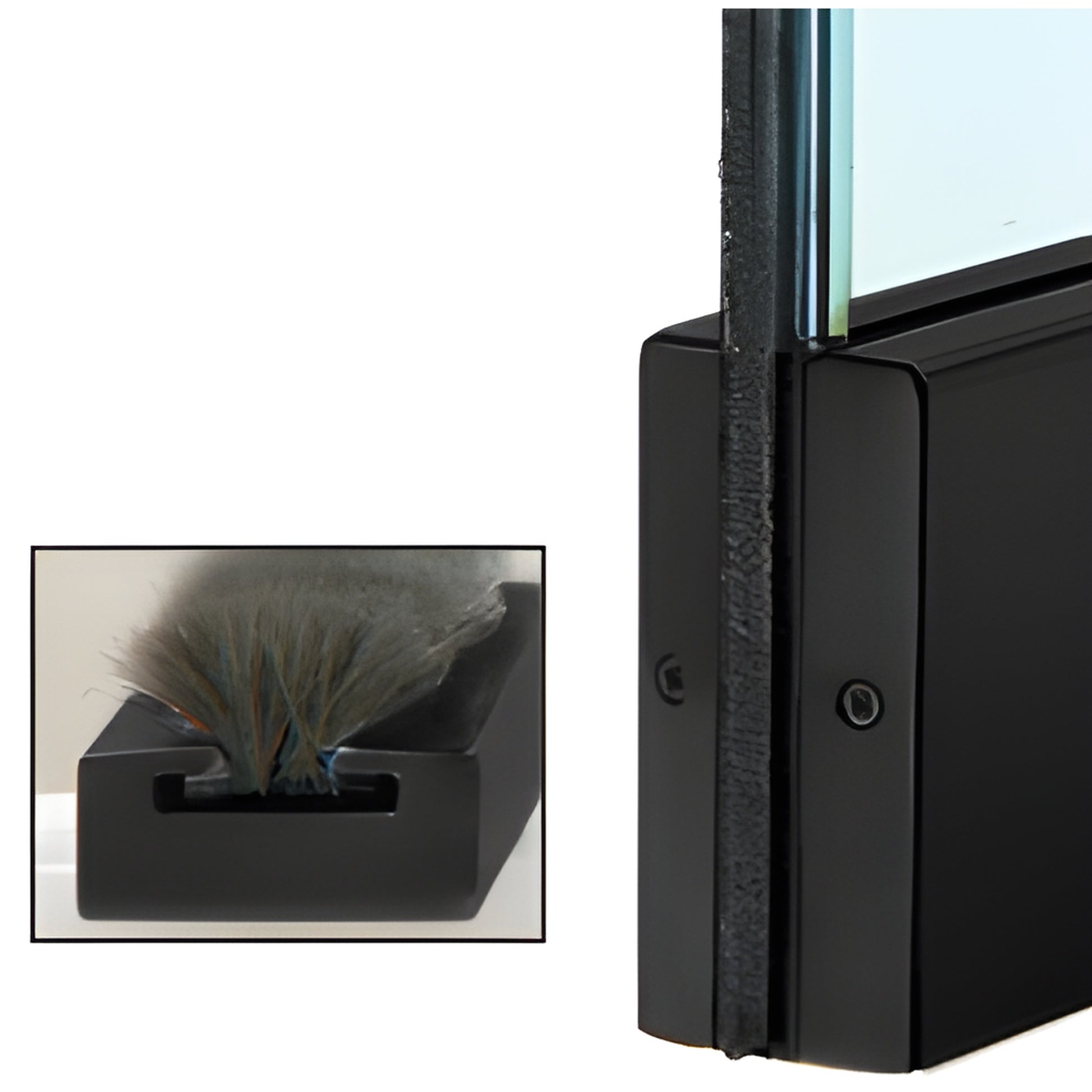 Close-up matte black metal channel with wool pile weatherstrip on 1/2" glass door, SKU MSW12MBL.