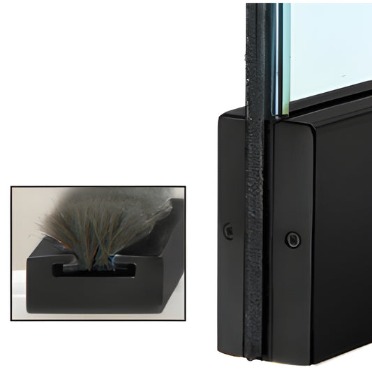 Close-up matte black metal channel with wool pile weatherstrip on 1/2" glass door, SKU MSW12MBL.