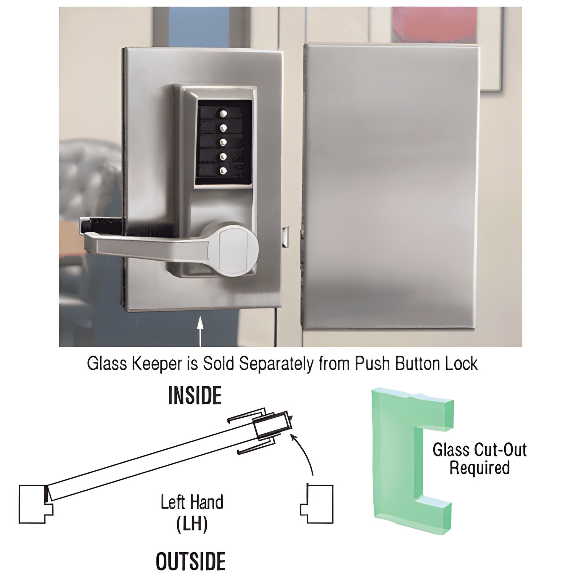 DL610LCBS brushed stainless steel mechanical push-button glass door lock with five-button keypad and left-hand lever.