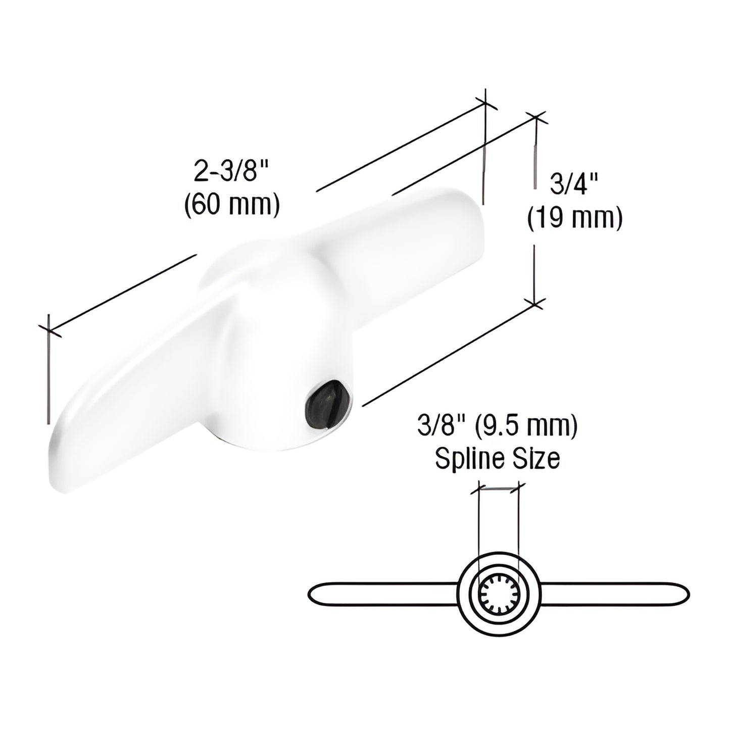 White diecast T-crank casement window handle (SKU H3715), 2-3/8" long, 3/4" high, 3/8" spline.