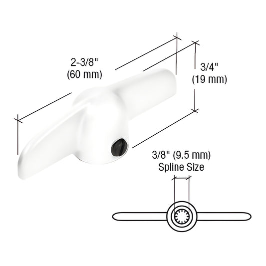 White diecast T-crank casement window handle (SKU H3715), 2-3/8" long, 3/4" high, 3/8" spline.