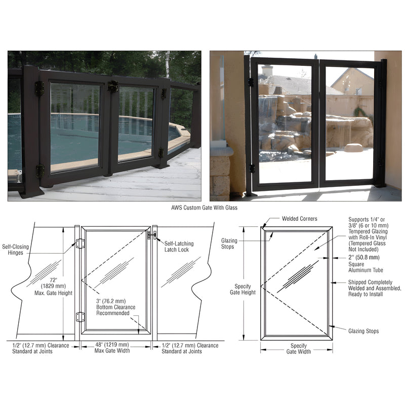 Matte black framed pool gate with clear glass panels, self-closing hinges - SKU PGAWS1BL