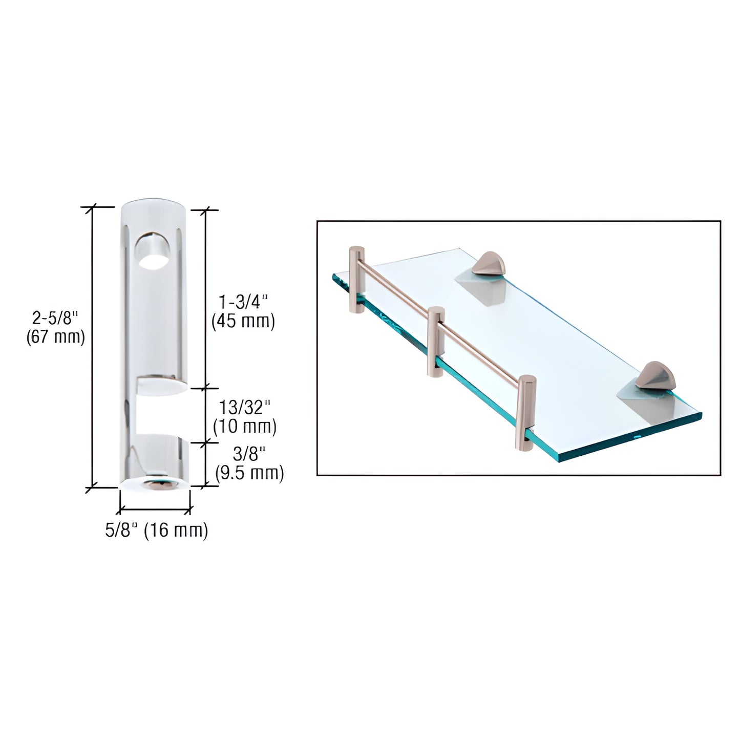 RDB2CH polished chrome brass shelf rods and supports for 1/4-3/8" (6-10mm) tempered glass shelves, shown mounted.
