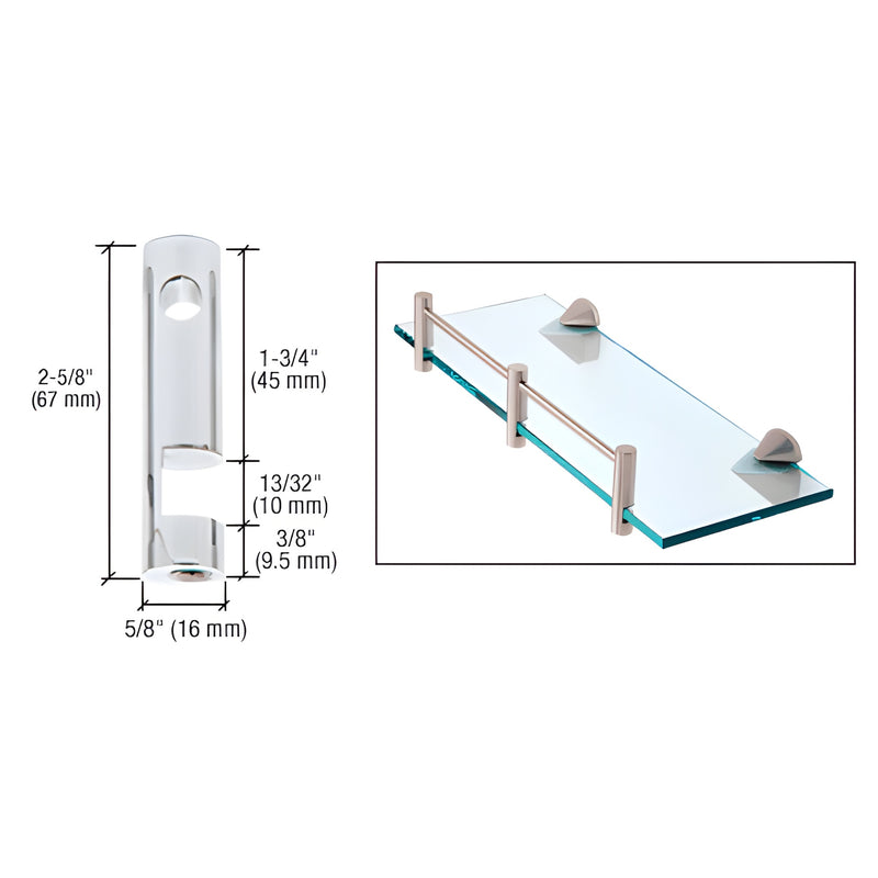 RDB2CH polished chrome brass shelf rods and supports for 1/4-3/8" (6-10mm) tempered glass shelves, shown mounted.