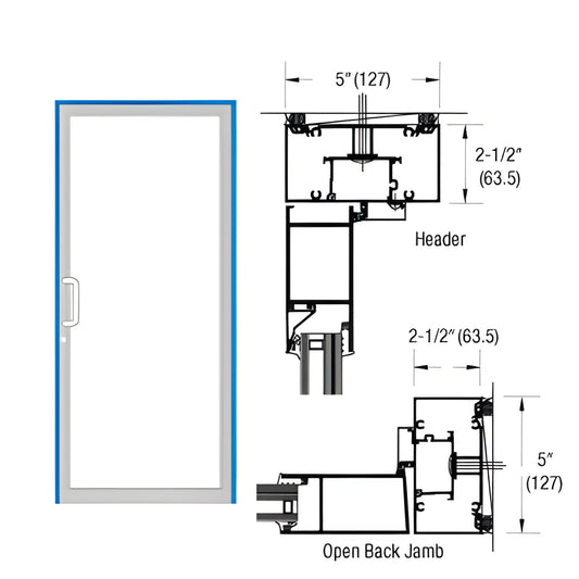 Hurricane-impact single butt-hinged door frame (SKU 0F71571) front view and technical cross-section diagram, custom Kynar fin