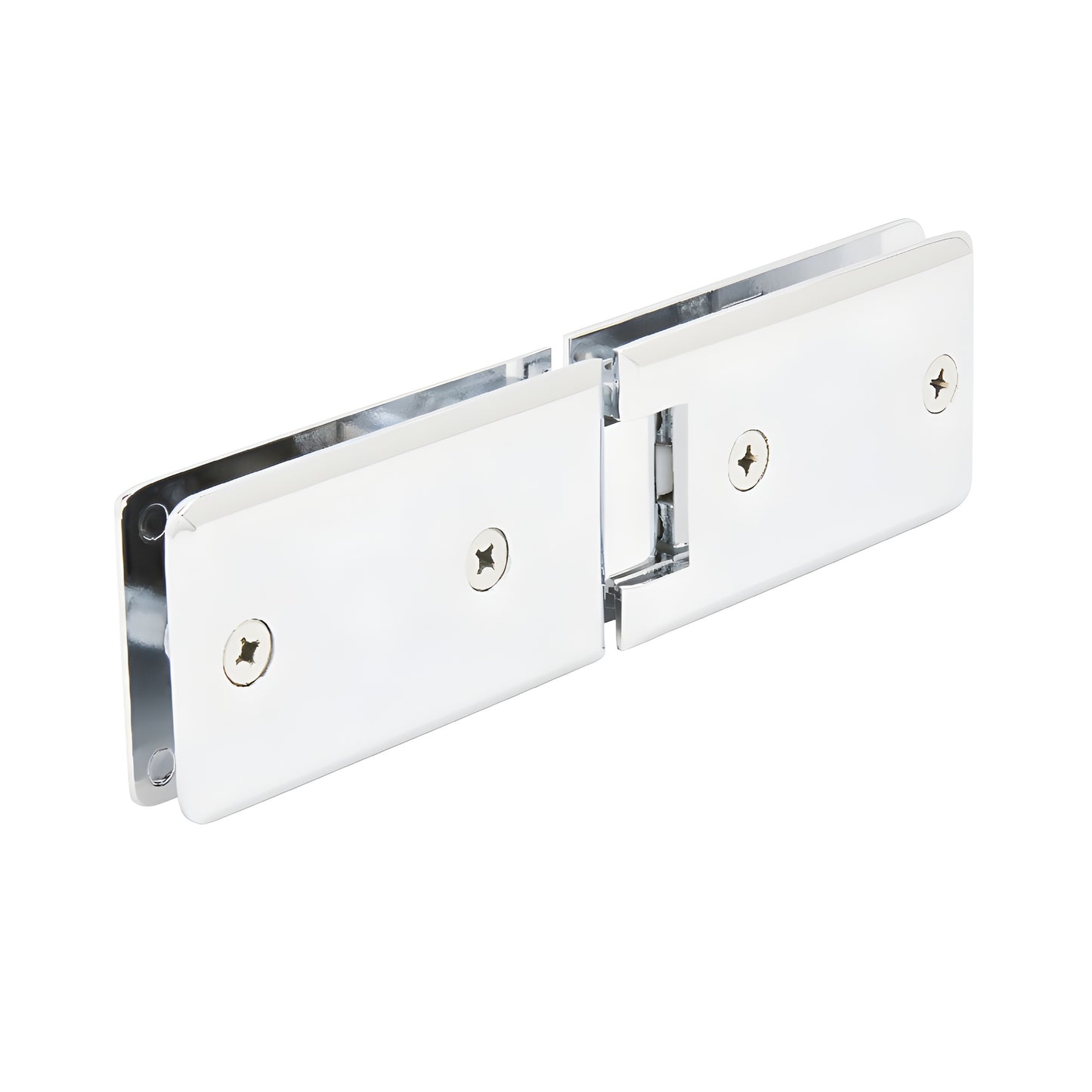 Polished chrome solid-brass 180 glass-to-glass frameless shower hinge, beveled rectangular design (SKU GRA180CH)