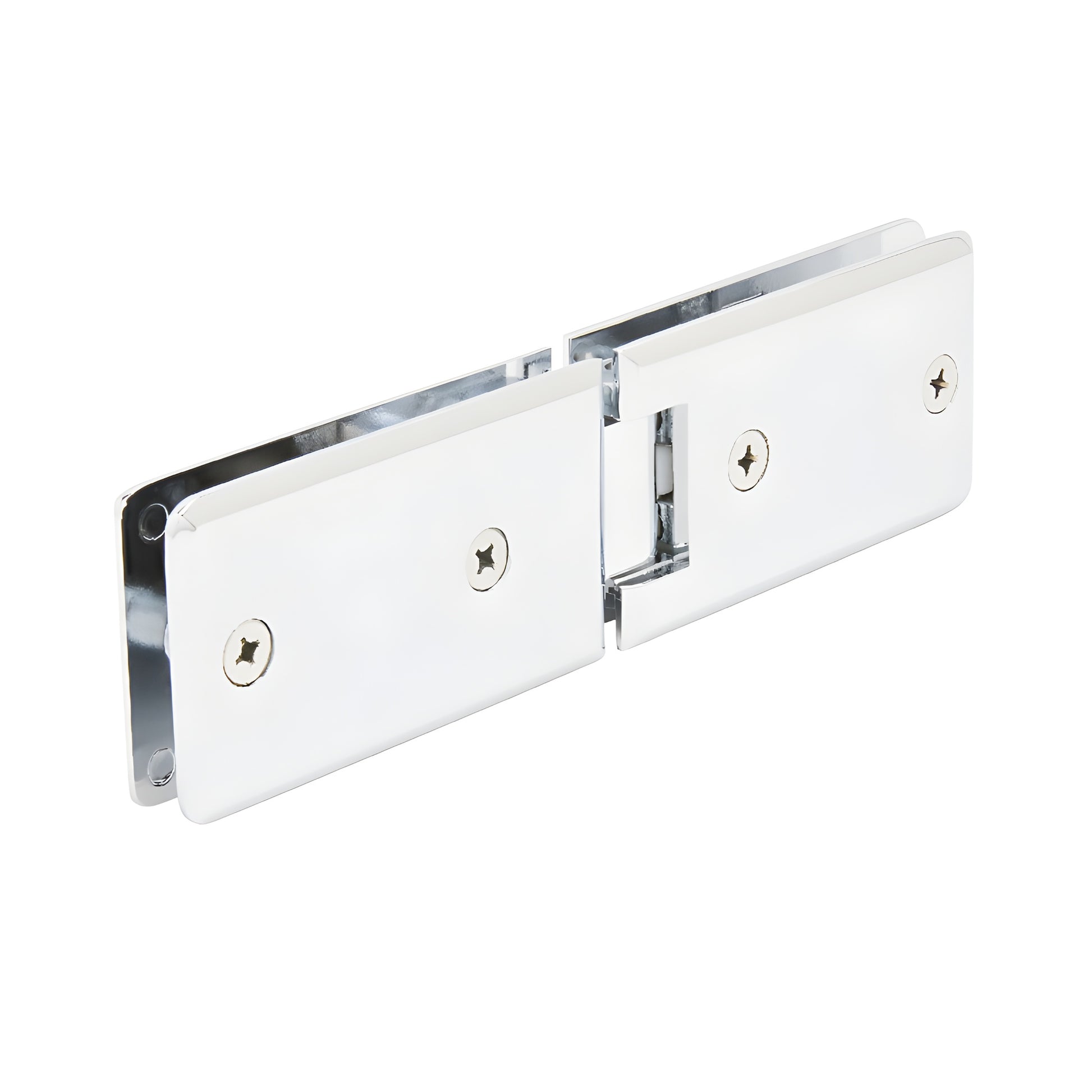 Polished chrome solid-brass 180 glass-to-glass frameless shower hinge, beveled rectangular design (SKU GRA180CH)