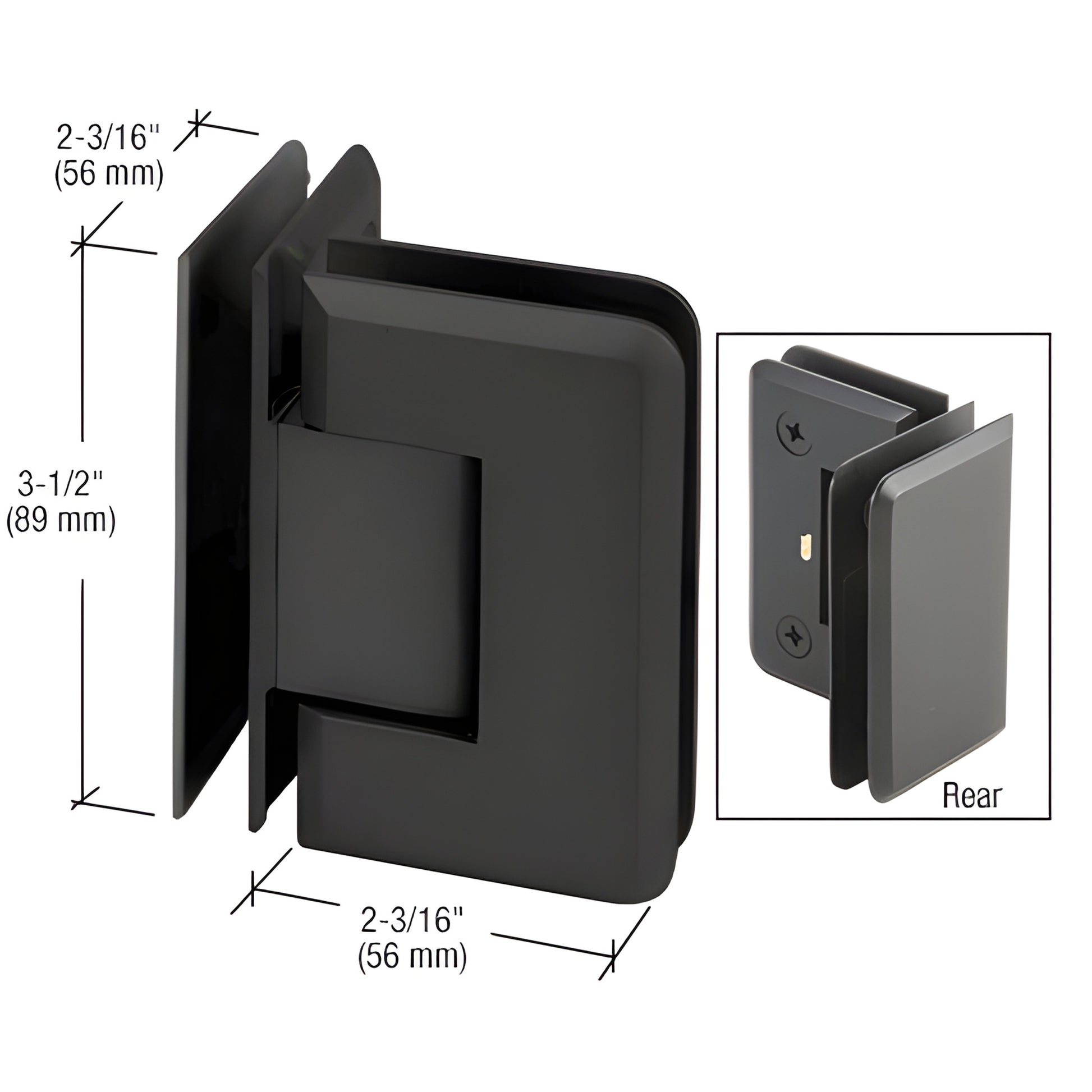 Matte black CRL Pinnacle glass-to-glass hinge P1N092MBL, beveled brass, 3.5" H 2-3/16" W, fits 8-12mm glass.