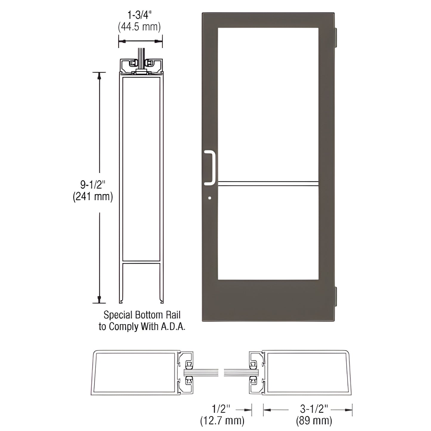 DE41522 black bronze anodized medium-stile commercial entrance door with 9-1/2" ADA bottom rail and glass lite, handle includ