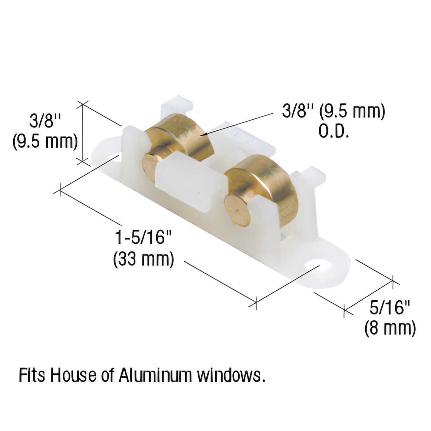 CRL tandem window roller (SKU G3091) nylon housing with two 3/8" brass flat rollers for aluminum windows, 1-5/16" long.