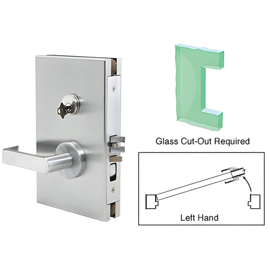 Satin anodized 6x10 center lock (DL610L0SC) for 1/2" tempered glass, left-hand lever with deadlatch and key cylinder