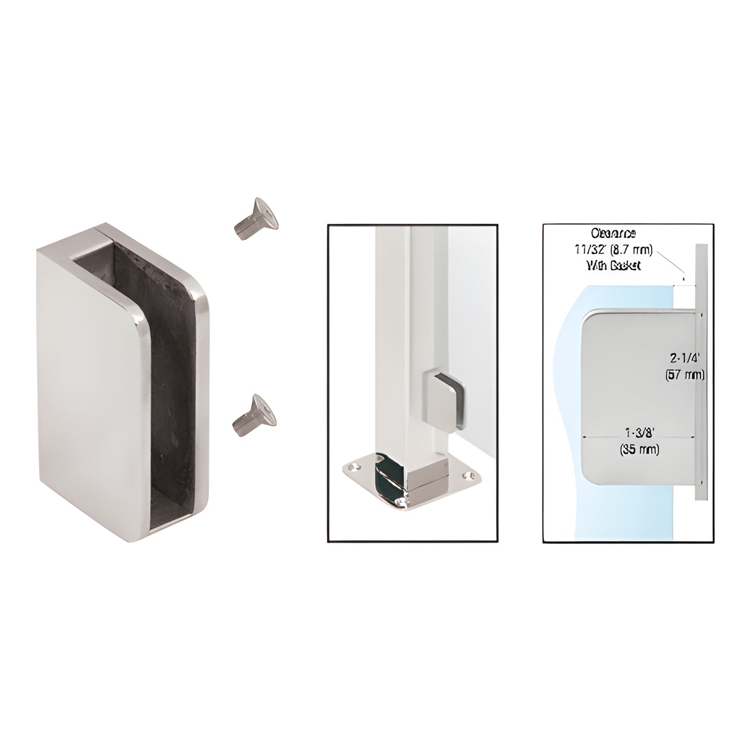 SA93FBS Brushed stainless steel bottom-flat-back glass clip for 1-1/2" square posts; holds 6-10mm tempered glass, includes sc