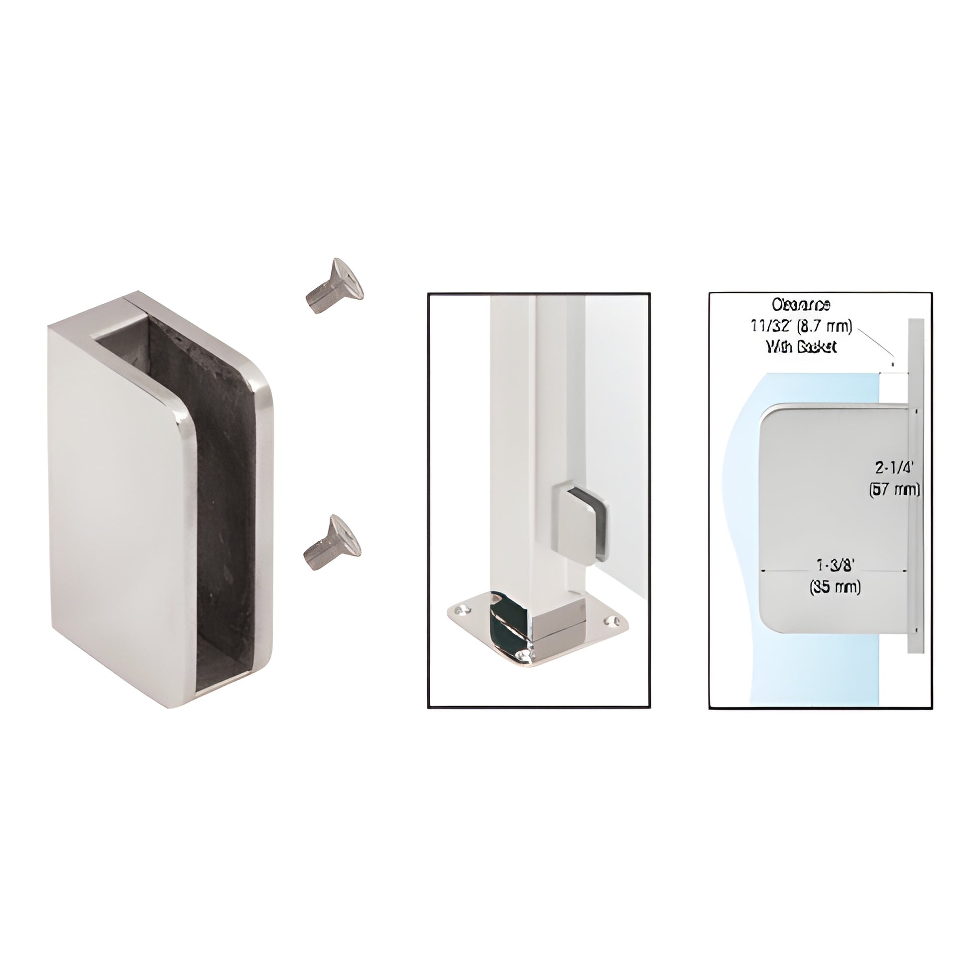 SA93FBS Brushed stainless steel bottom-flat-back glass clip for 1-1/2" square posts; holds 6-10mm tempered glass, includes sc