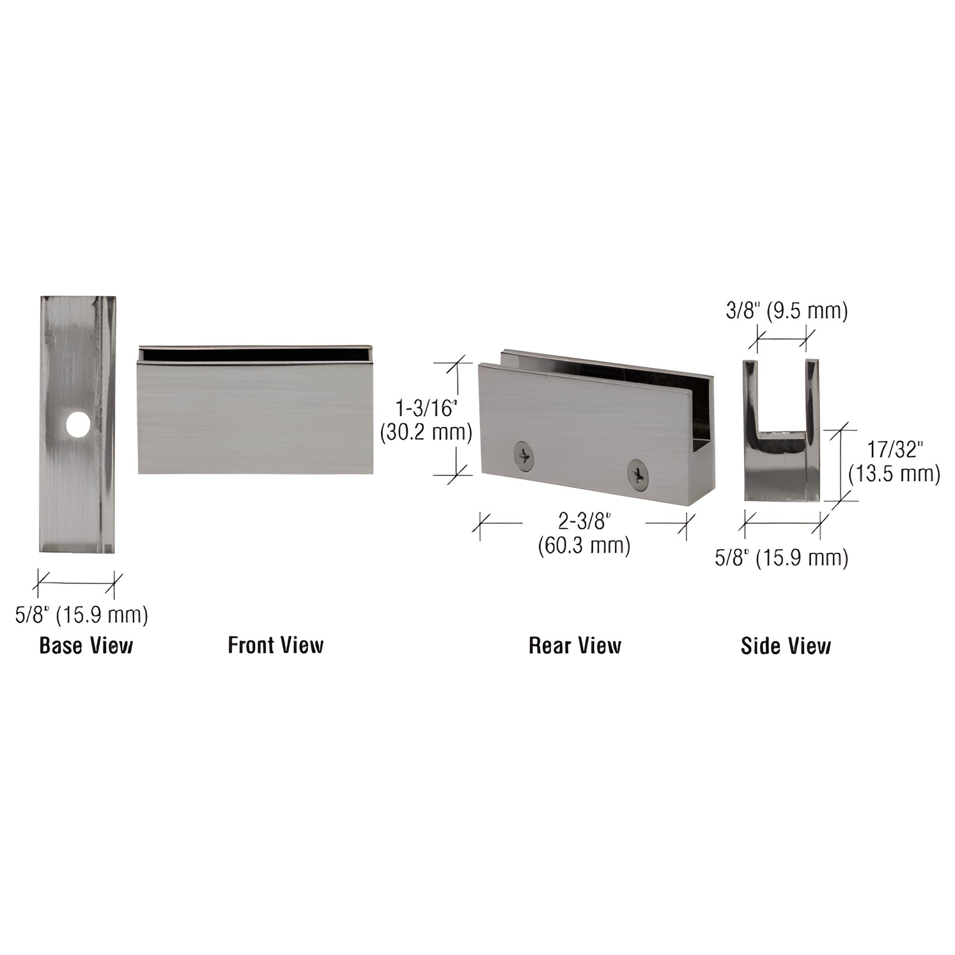 EH09 brushed-nickel low-profile brass glass clamp for 1/4-5/16" (6-8mm) shelves, 2-3/8" 1-3/16" 5/8"