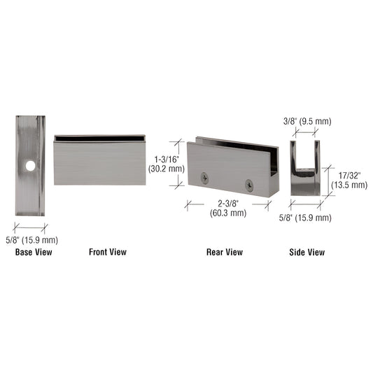 EH09 brushed-nickel low-profile brass glass clamp for 1/4-5/16" (6-8mm) shelves, 2-3/8" 1-3/16" 5/8"