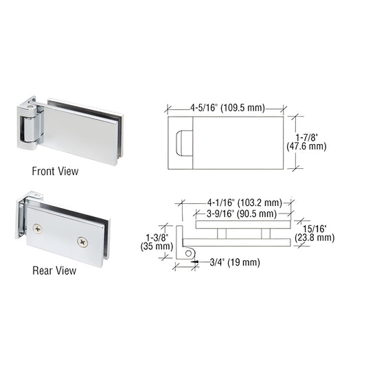 FA044CH polished chrome offset pivot hinge for 8-10 mm glass doors; front and rear views with technical dimensions.