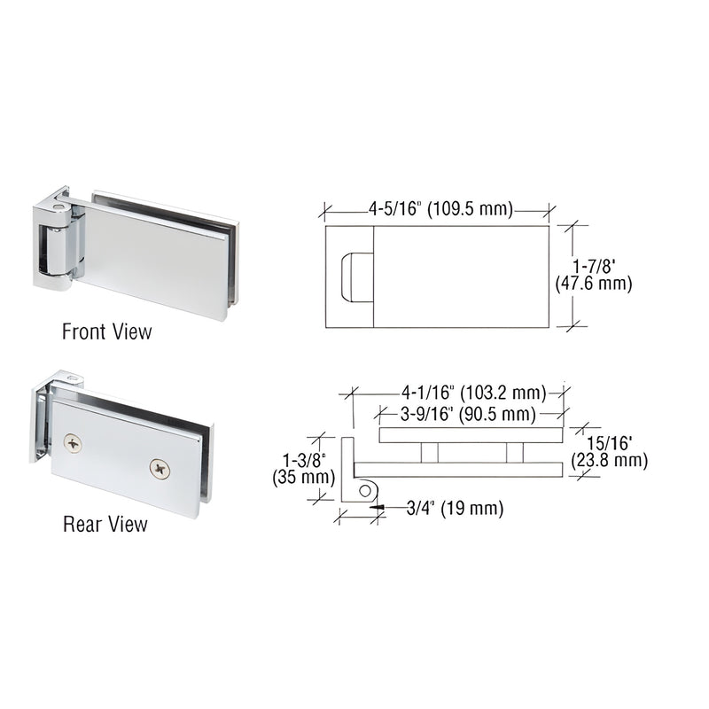 FA044CH polished chrome offset pivot hinge for 8-10 mm glass doors; front and rear views with technical dimensions.