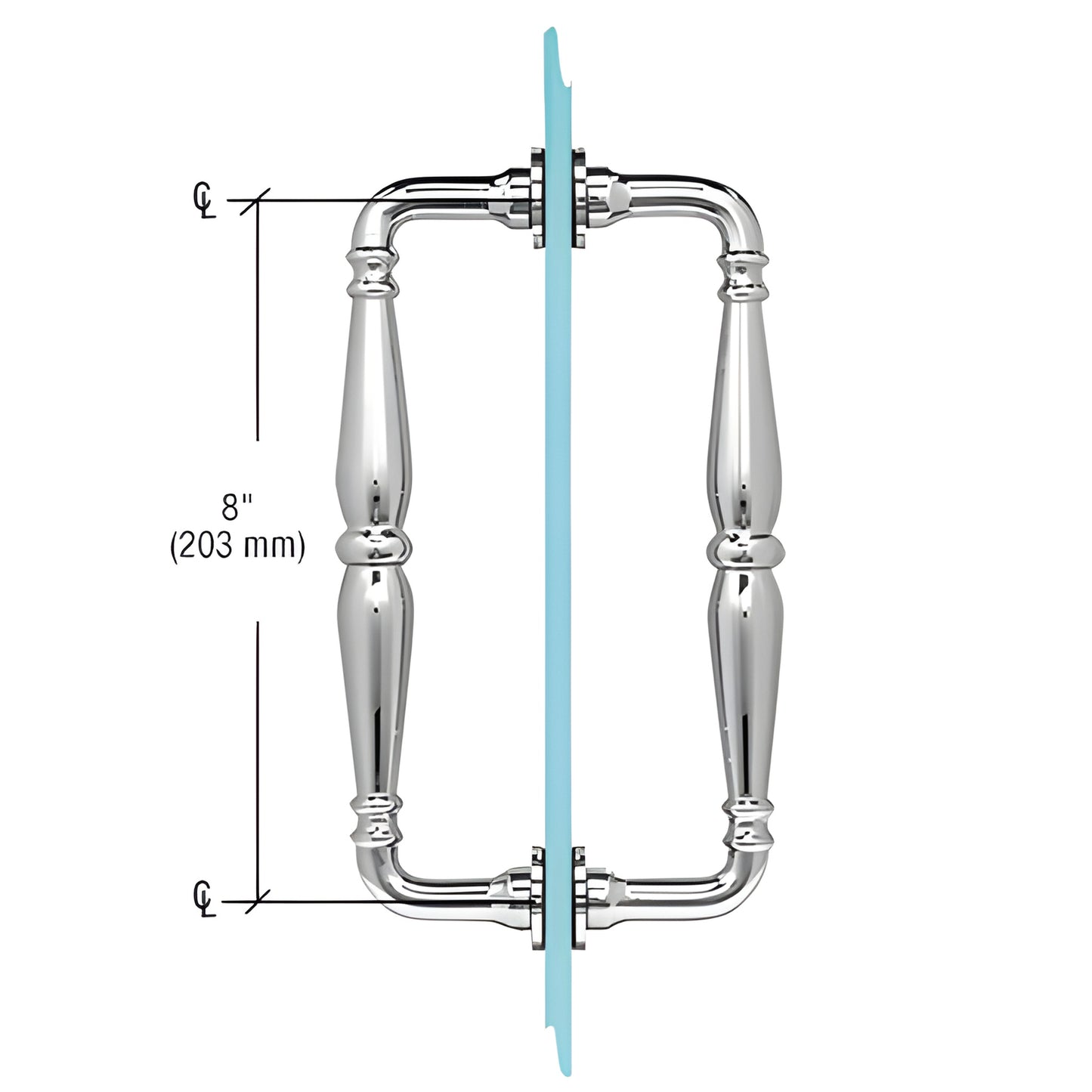 Polished chrome Victorian solid-brass back-to-back shower door pull on glass, 8" center spacing, SKU V1C8X8CH