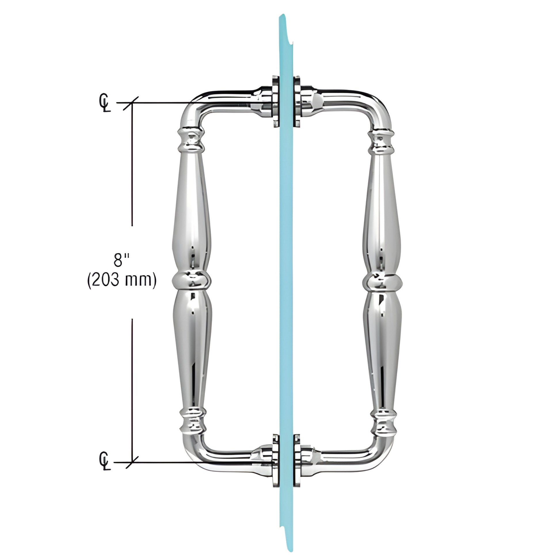 Polished chrome Victorian solid-brass back-to-back shower door pull on glass, 8" center spacing, SKU V1C8X8CH