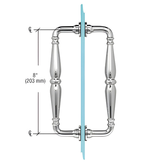 Polished chrome Victorian solid-brass back-to-back shower door pull on glass, 8" center spacing, SKU V1C8X8CH