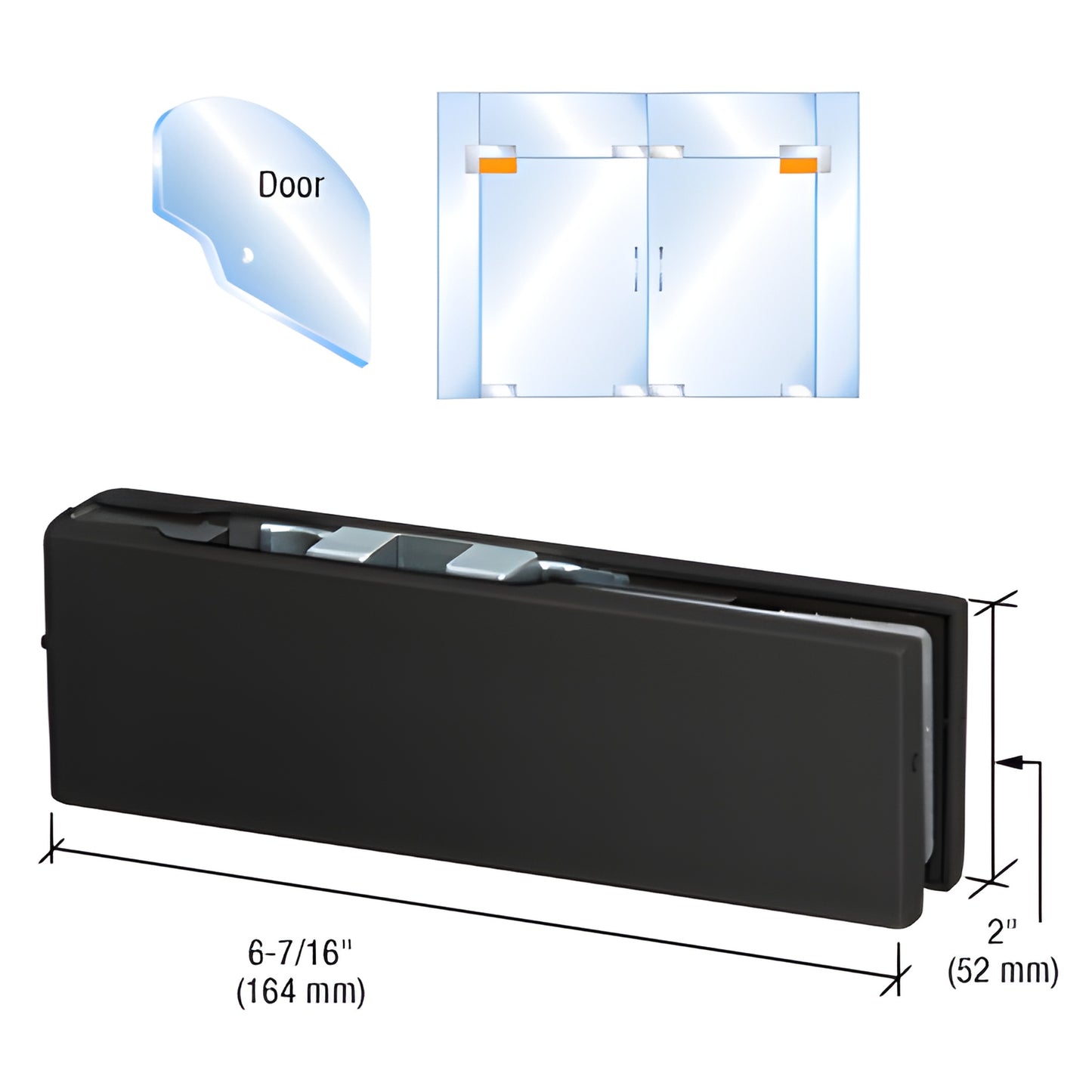 PH20CMBL matte black adjustable top door patch fitting for 3/8-1/2 in glass, 6-7/16 in long, for frameless pivot doors