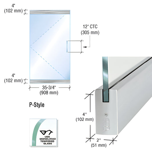P4BS12S P-style frameless glass door kit, brushed stainless rails & pivot; fits 35-3/4" door with 1/2" (12mm) tempered glass