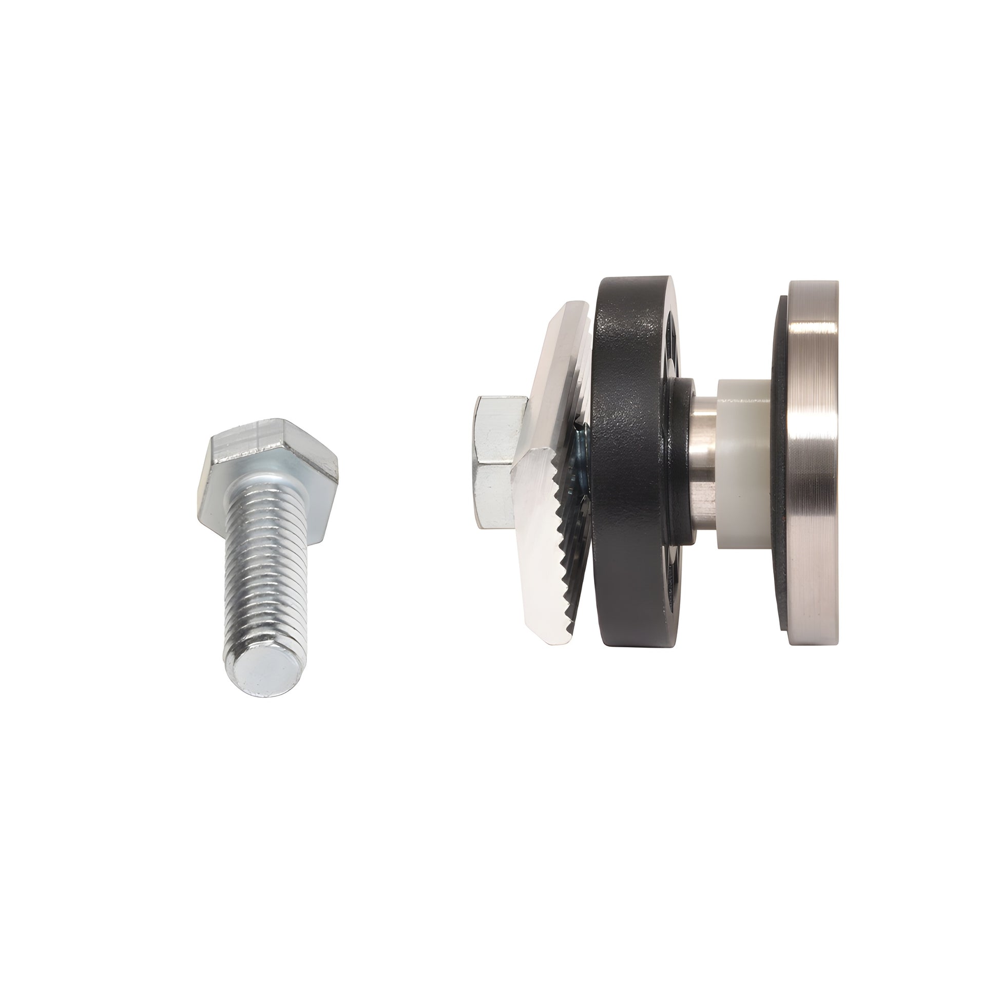 Latitude 34 transom roller with brushed stainless cap and bolt, compatible with sliding glass transoms (SKU: LAT34MKGLSBS)