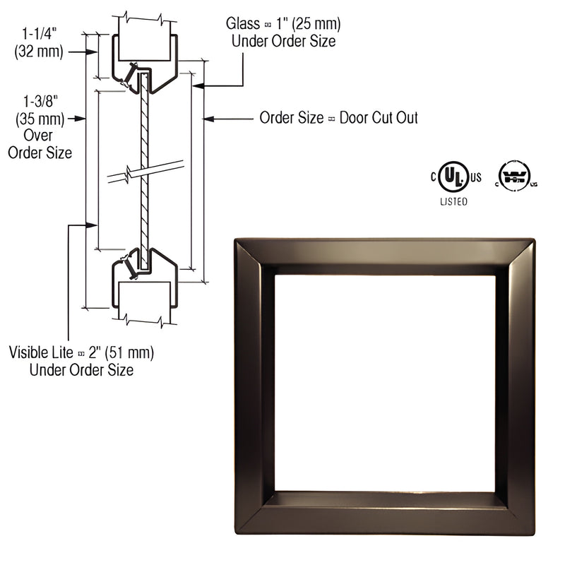 Bronze beveled 24x24 fire-rated door vision lite frame (VLFEZ24X24), fits 1-3/4" doors; glass supplied separately.