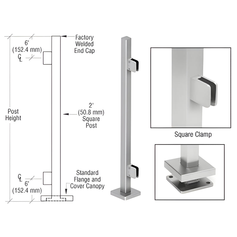 SPS42EBS stainless steel 2 in square glass-clamp post kit with Z-clamps, welded cap and 5 in base plate, brushed finish