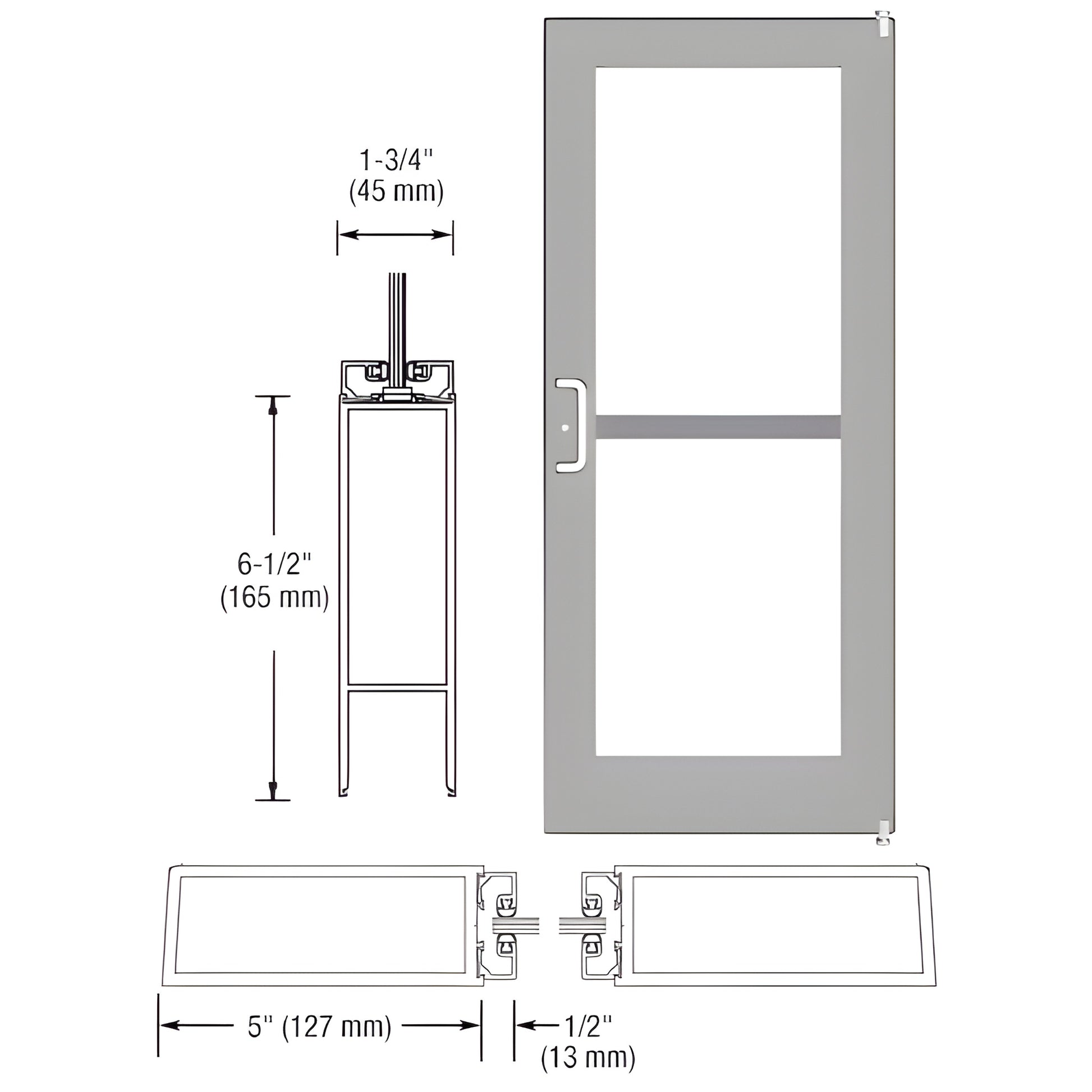 DZ51211 clear anodized commercial wide-stile entrance door with 1/4" glass, 5" stiles and 6-1/2" bottom rail; hardware boxed