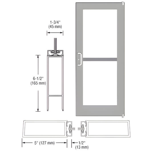 DZ51211 clear anodized commercial wide-stile entrance door with 1/4" glass, 5" stiles and 6-1/2" bottom rail; hardware boxed