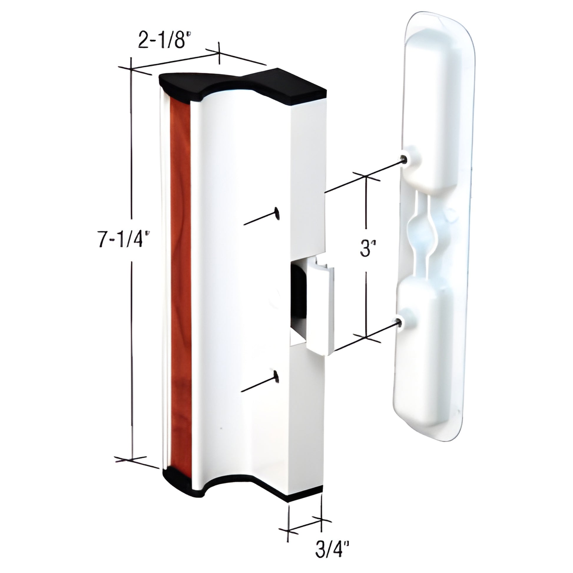 White aluminum CRL C1202 handle set for 950 Series dual glazed doors, 7-1/4" x 3/4" with 2-1/8" projection.