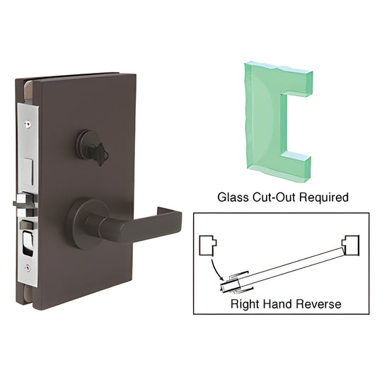 DL611REDU black-bronze 6x10 center lock for 1/2 in glass with lever and deadlatch; right-hand reverse, cutout shown