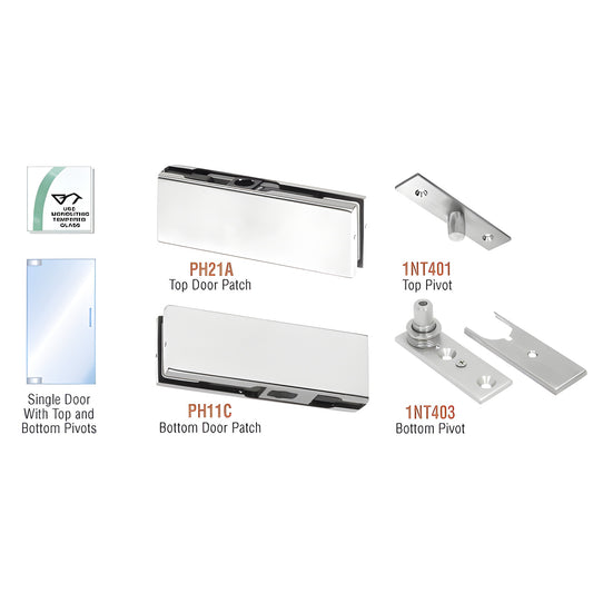 PHE1A satin anodized European patch door kit - top/bottom patches (PH21A/PH11C) and pivots (1NT401/1NT403) for 3/8-1/2" glass