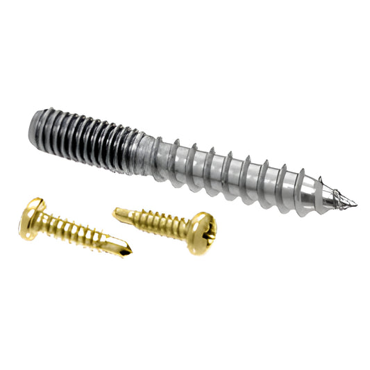 RSP1PB replacement pack: polished brass self drilling Phillips screws and stainless steel 3/8"-16 hanger bolt