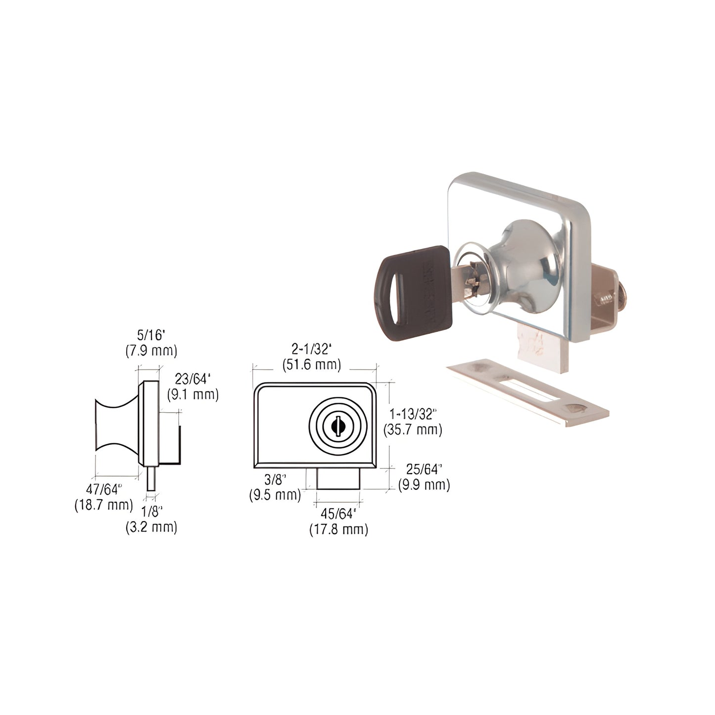 Brushed nickel CRL LK47KA double glass cabinet lock, aluminum no drill for 1/4" (6mm) glass, includes keys.