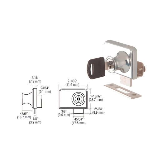 Brushed nickel CRL LK47KA double glass cabinet lock, aluminum no drill for 1/4" (6mm) glass, includes keys.