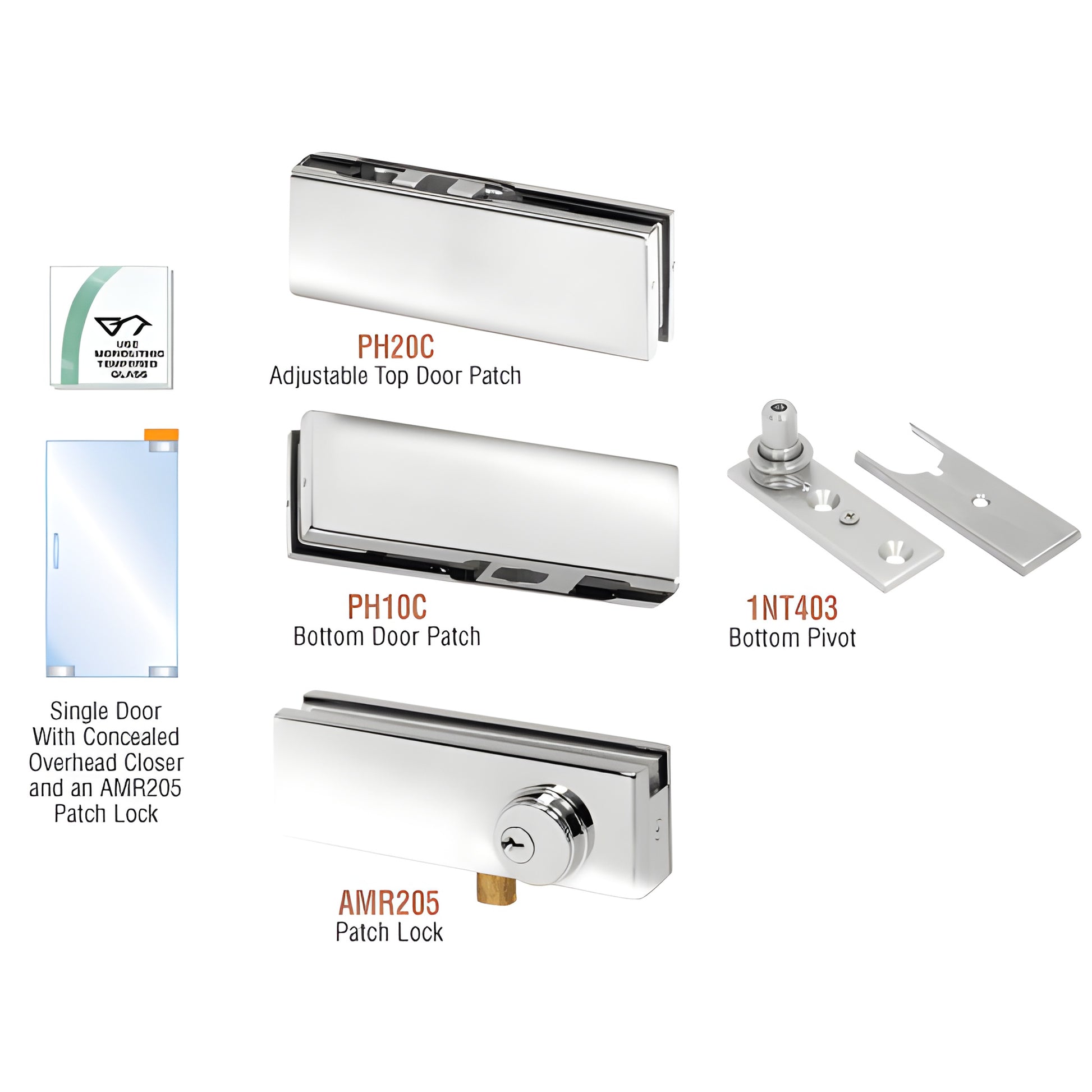 PHA2LPS polished stainless steel frameless glass door patch kit with adjustable top patch, bottom patch, bottom pivot and loc